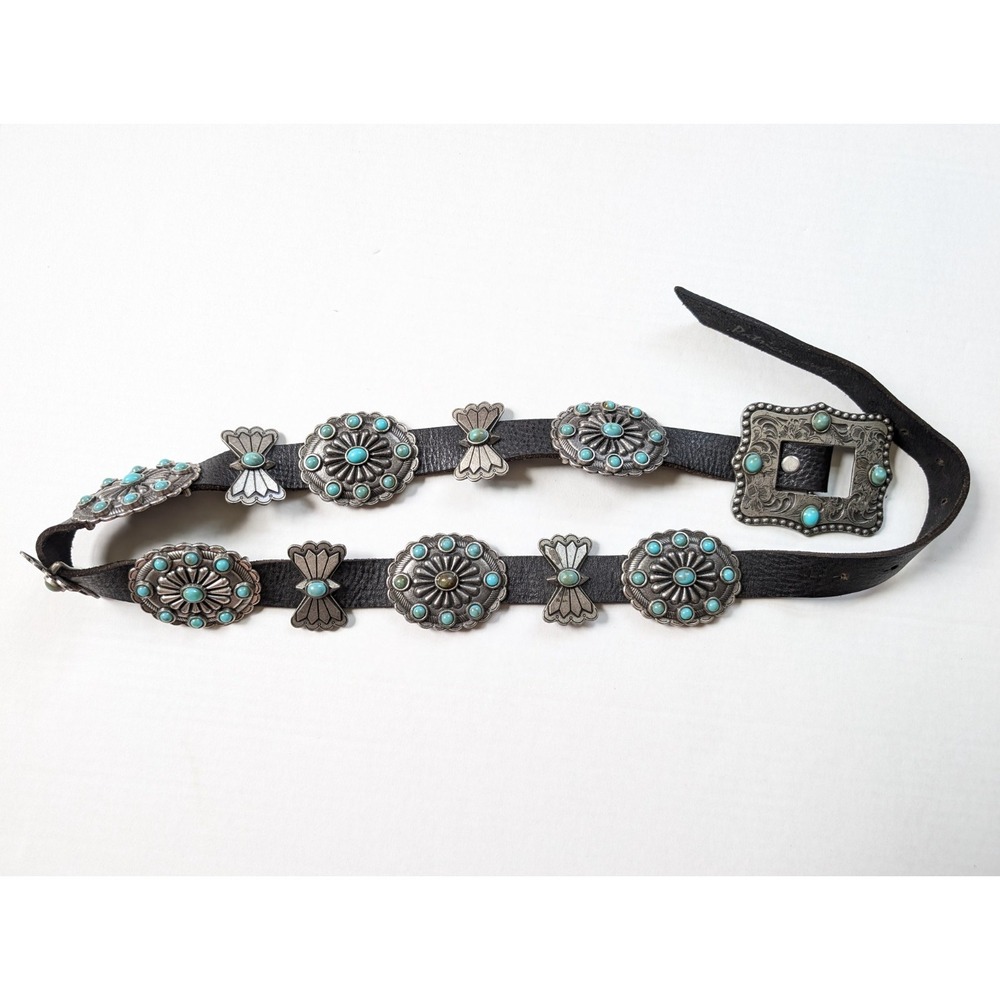 Patricia Wolf Western Lifestyle Concho Belt Turquoise Pewter Leather Size 36